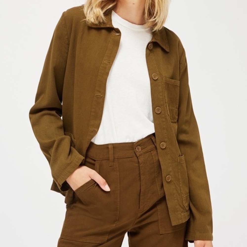 Lacausa Clare Jacket Olive Brown Tencel Cotton Button Front Utility Chore Coat L